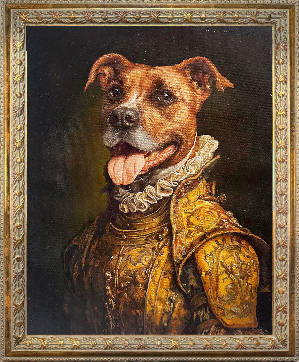 Custom hand-painted oil portrait of a brown dog in an ornate Renaissance noble costume, created as a regal pet portrait on canvas.