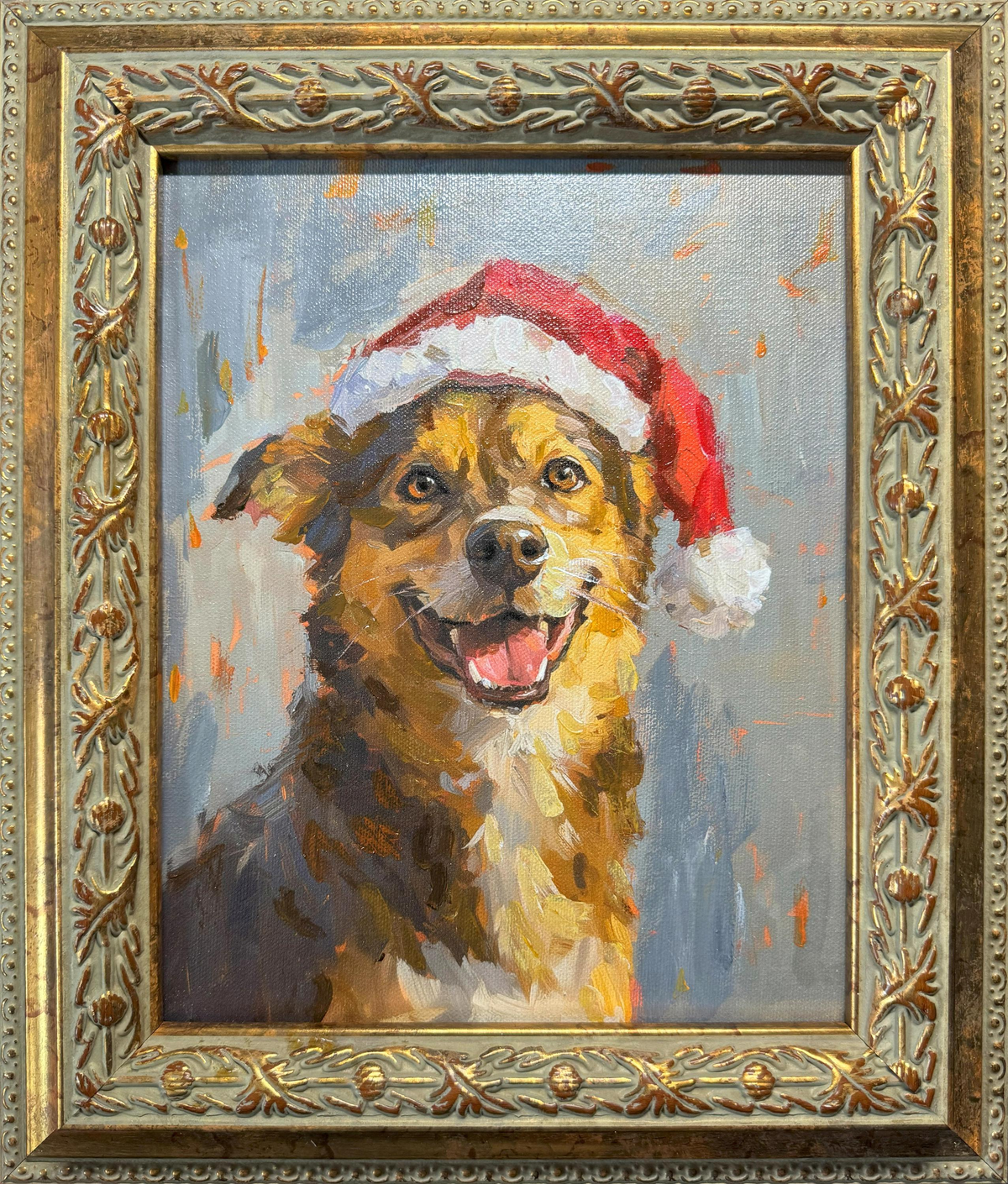 Custom hand-painted oil portrait of a happy dog wearing a red Santa hat, painted in a loose impressionist style as a festive Christmas pet portrait.