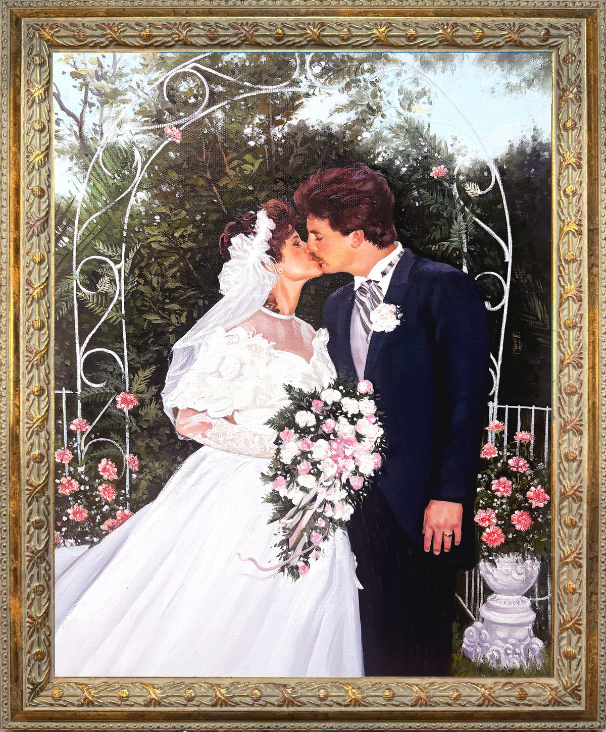 Custom hand-painted classic wedding oil portrait from a photo, featuring a bride and groom kissing beneath a garden arch with a cascading bridal bouquet and floral details.