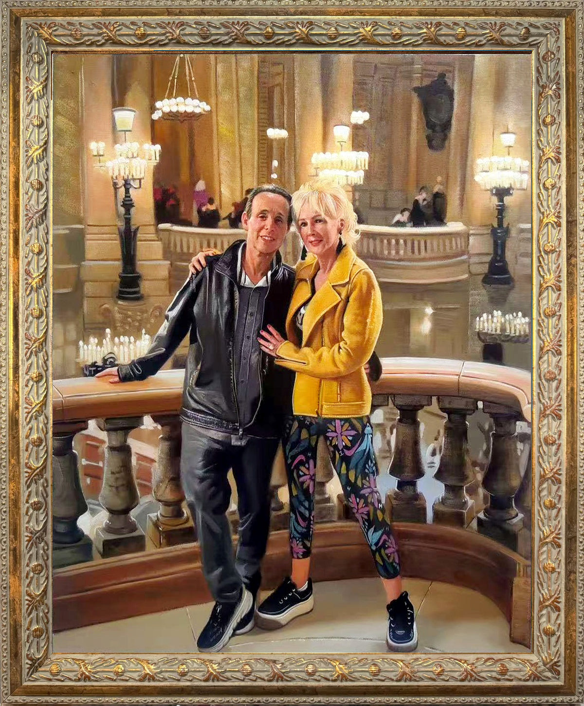 Custom hand-painted oil portrait of two adults posing together inside an elegant historic interior, recreated from a travel photo and displayed in an ornate frame.