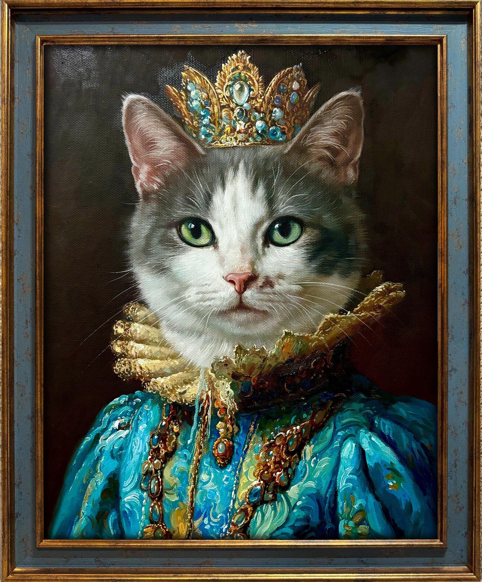 Custom hand-painted cat oil portrait from a photo, transforming a beloved pet into an aristocratic royal character wearing a jeweled crown and ornate blue Baroque-style costume.