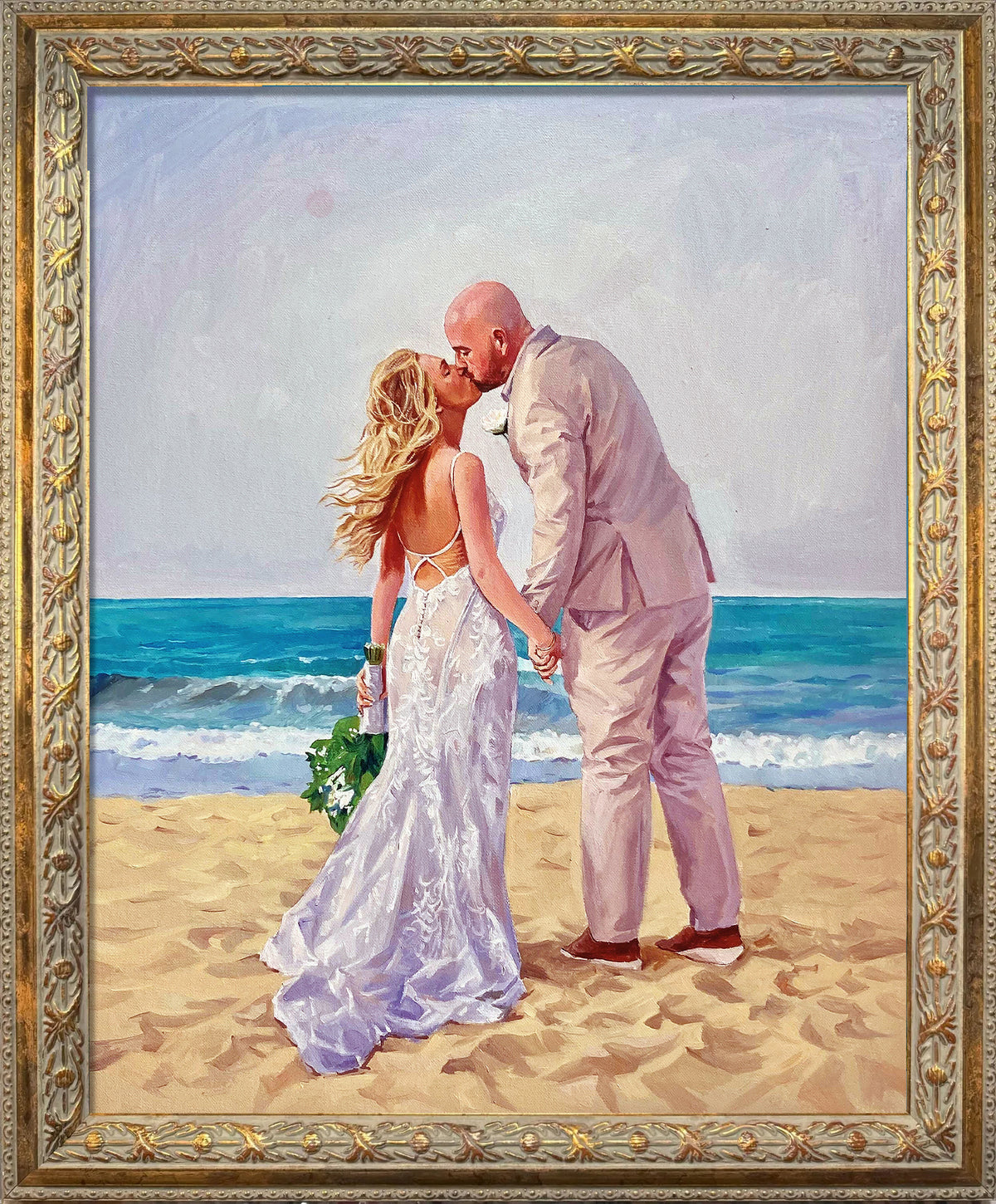 Custom hand-painted beach wedding oil portrait from a photo, featuring a bride and groom kissing by the ocean in a romantic seaside wedding scene.
