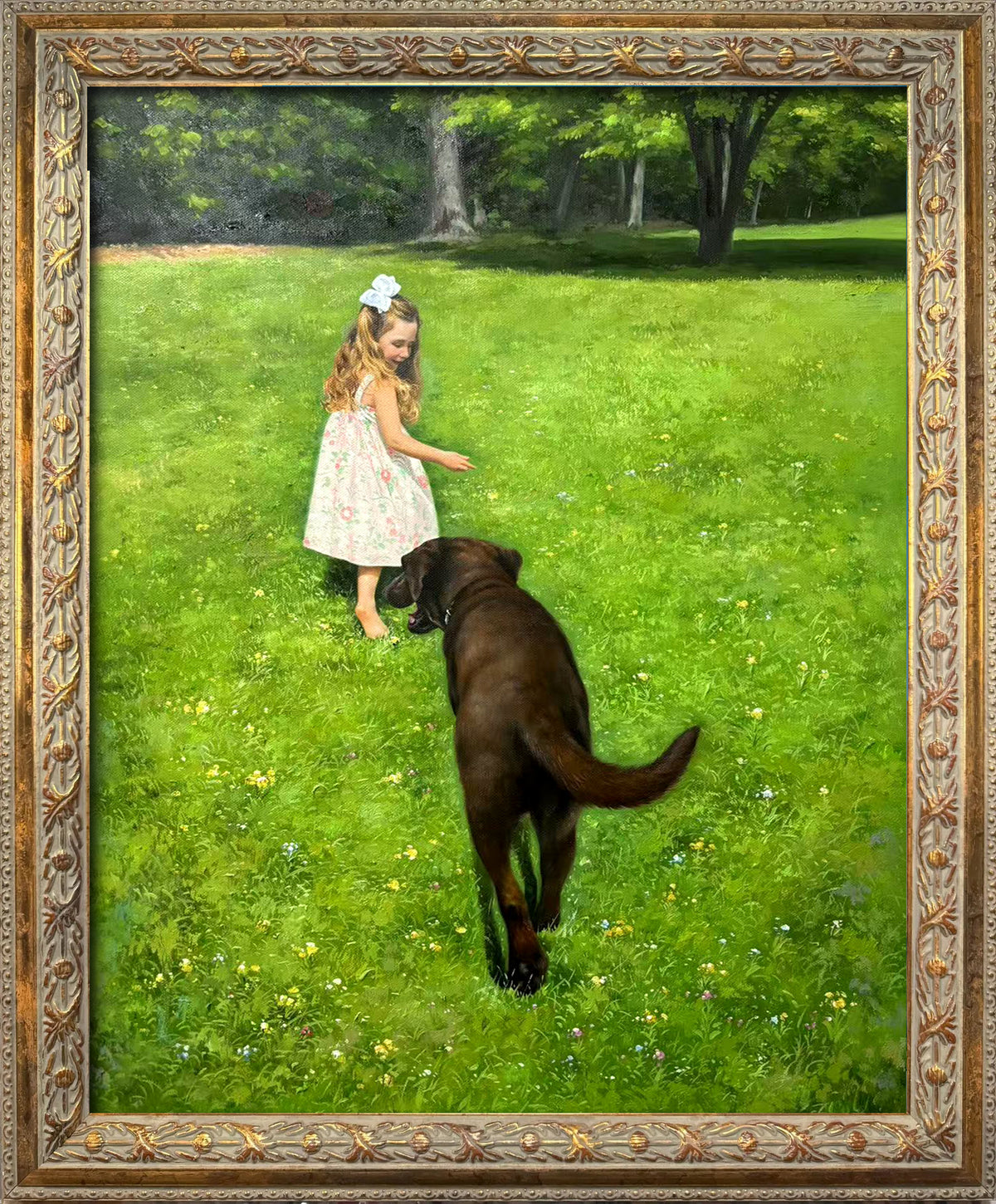 Custom hand-painted oil portrait from a photo of a young girl playing with a Labrador dog in a green park, combining a child portrait and personalized pet painting.