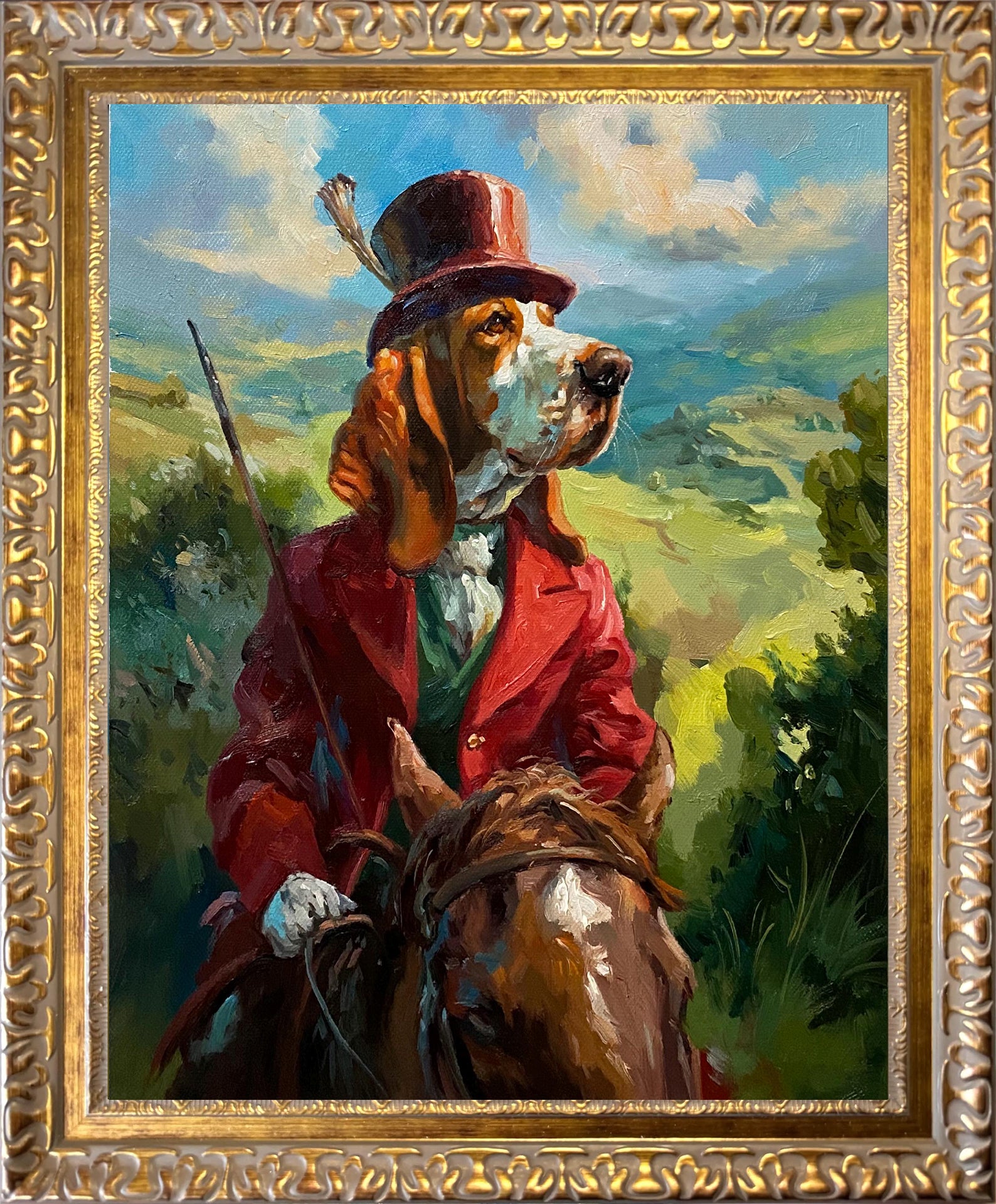 Custom hand-painted dog oil portrait featuring a hound dressed as a vintage gentleman riding a horse, created as personalized pet art and displayed in an ornate gold frame.