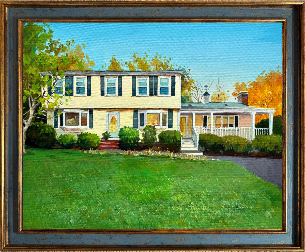 Custom hand-painted house oil painting from a photo, capturing a traditional family home with expressive painterly brushwork, green lawn, and autumn trees.