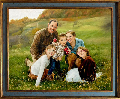 Custom hand-painted family oil portrait from a photo, featuring parents and three children together in a sunlit countryside setting, displayed in a classic framed finish.