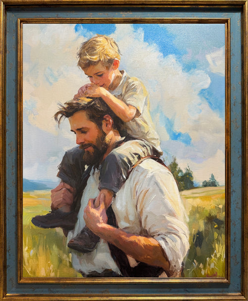 Custom hand-painted father and son oil portrait from a photo, capturing a dad carrying his young child on his shoulders in a sunny countryside landscape.