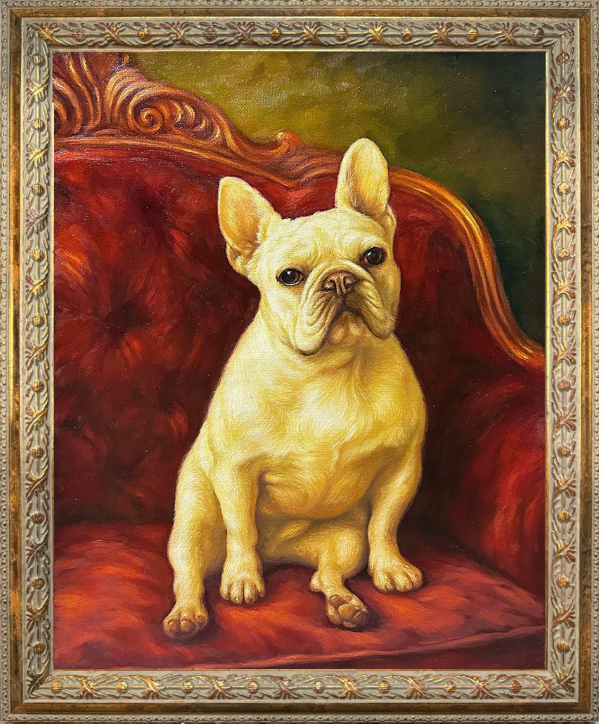 Custom hand-painted French Bulldog oil portrait from a photo, featuring a realistic cream-colored dog seated on an elegant red velvet chair in a classic fine art style.