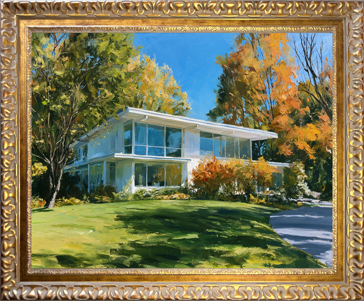Custom hand-painted house portrait from a photo in an impressionistic style, featuring expressive thick brushstrokes, a modern home, autumn trees, and a landscaped garden.