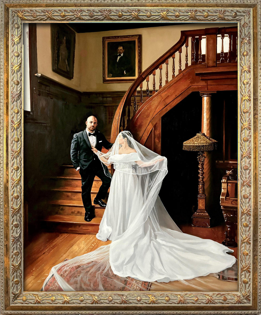 Custom hand-painted wedding oil painting from a photo, featuring a bride and groom beside a grand wooden staircase in an elegant historic interior, framed in ornate gold.