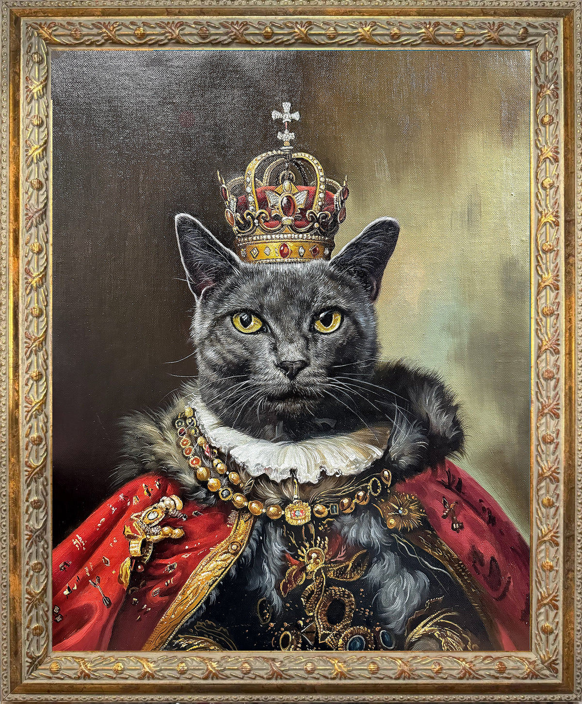 Custom hand-painted black cat oil portrait from a photo, transforming a beloved pet into a noble monarch wearing a jeweled crown, royal red cloak, and elaborate historical costume.