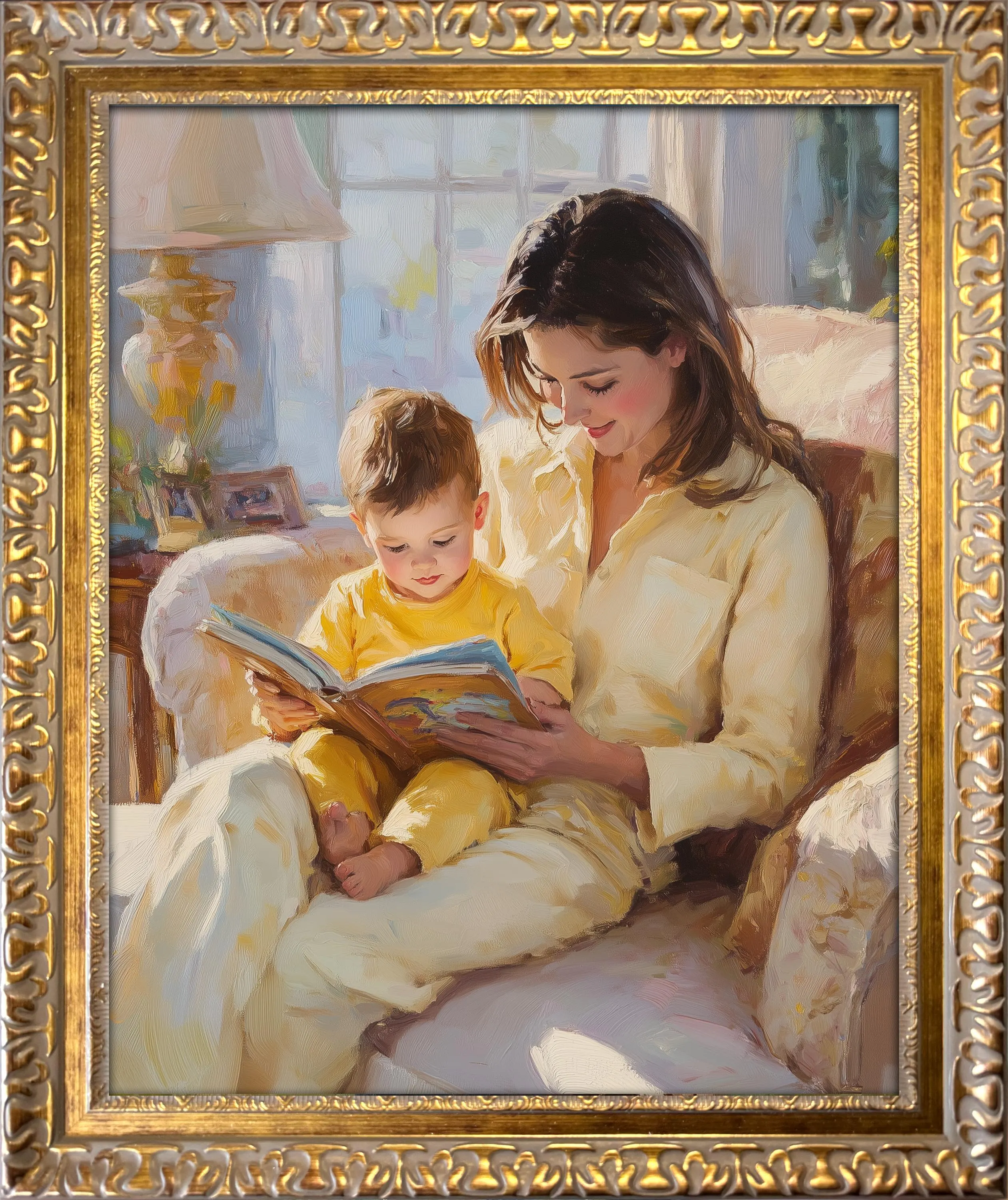 Custom hand-painted mother and child oil portrait from a photo, capturing a warm moment of a mother reading a book with her young child at home, framed in ornate gold.