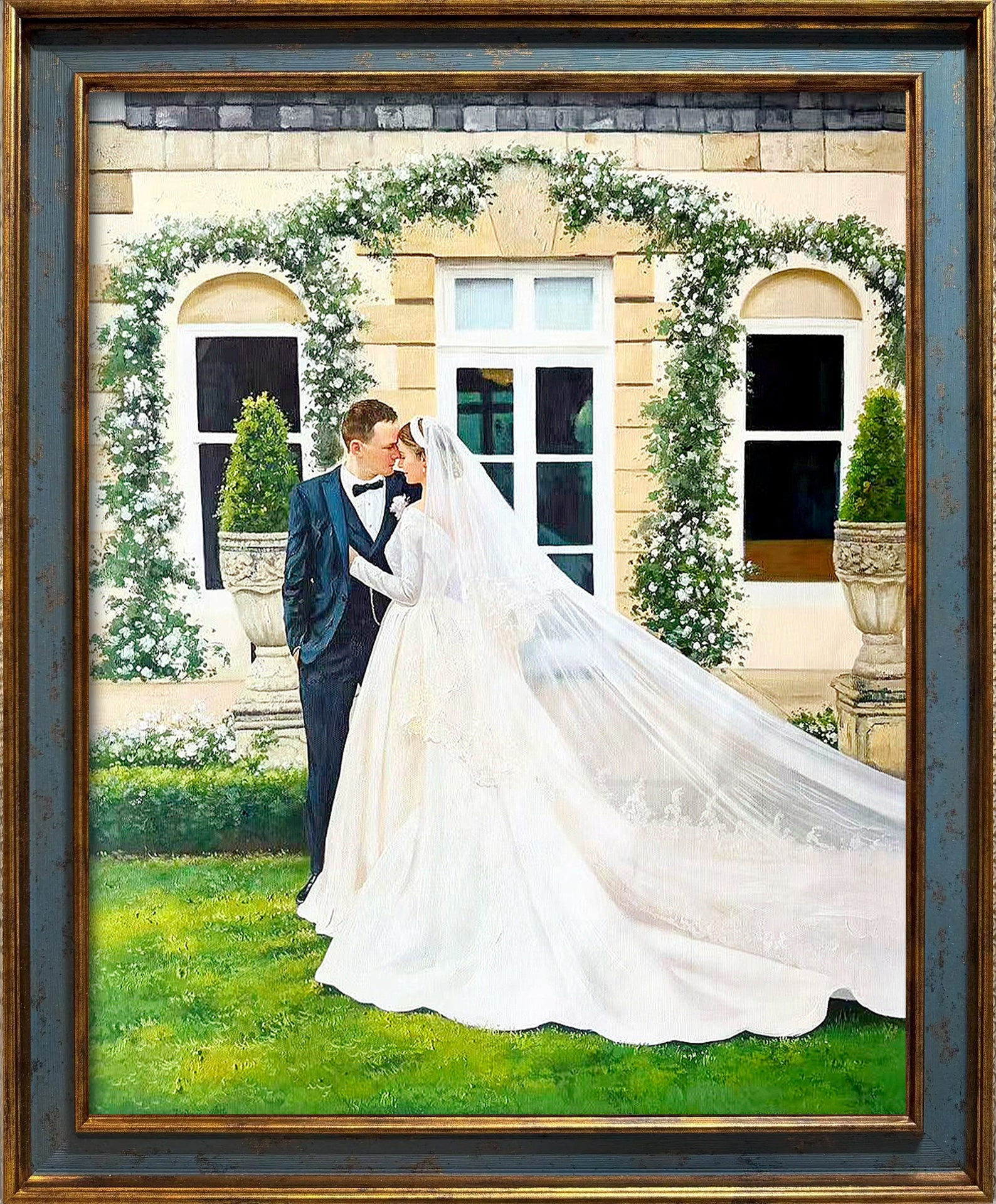 Custom hand-painted wedding portrait from a photo, featuring a bride and groom with a flowing bridal veil outside an elegant estate wedding venue.
