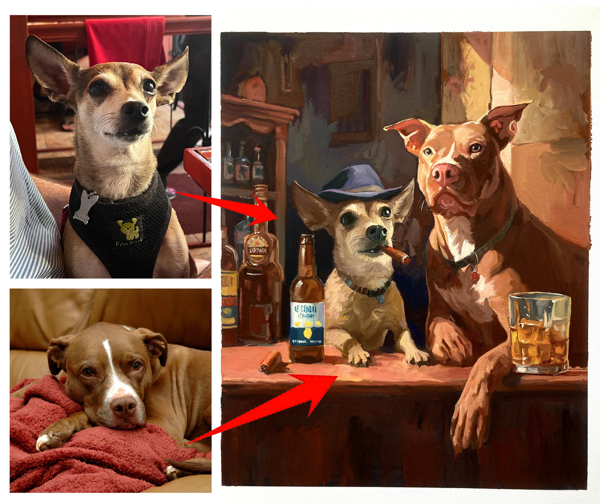 Hand-painted custom funny pet portrait featuring two beloved dogs in a cozy bar scene. Personalized oil painting from photos with expressive brushstrokes, whimsical storytelling, and museum-quality craftsmanship for dog lovers.