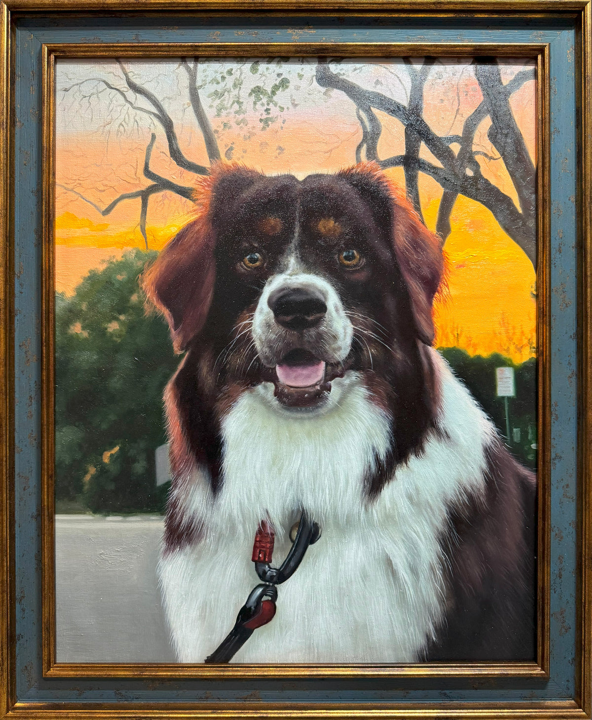 Custom pet oil portrait of a brown and white dog at sunset, bronze blue frame