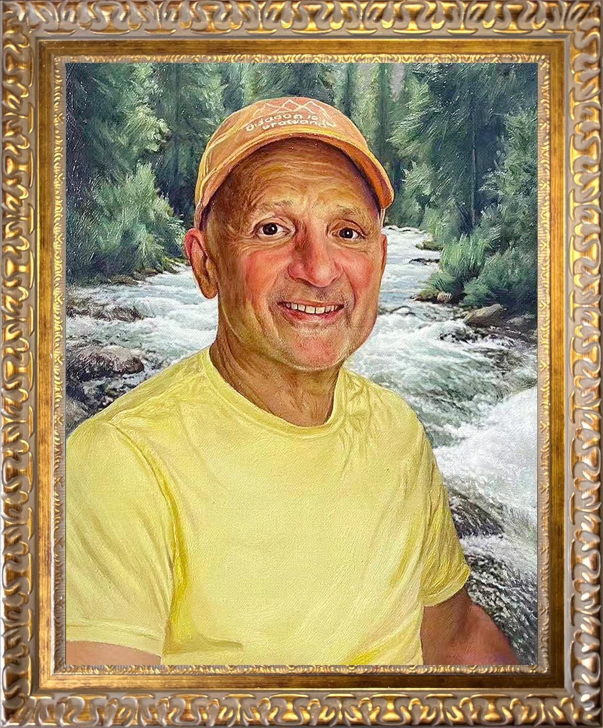 Custom hand-painted realistic oil portrait from a photo, featuring a detailed individual portrait with a natural river and forest background in a traditional fine art style.