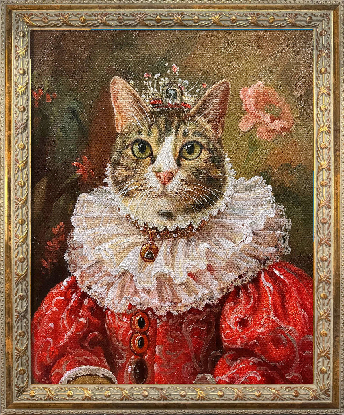 Custom hand-painted cat oil portrait from a photo, transforming a beloved cat into a royal Renaissance-style character wearing an ornate red costume and jeweled crown.