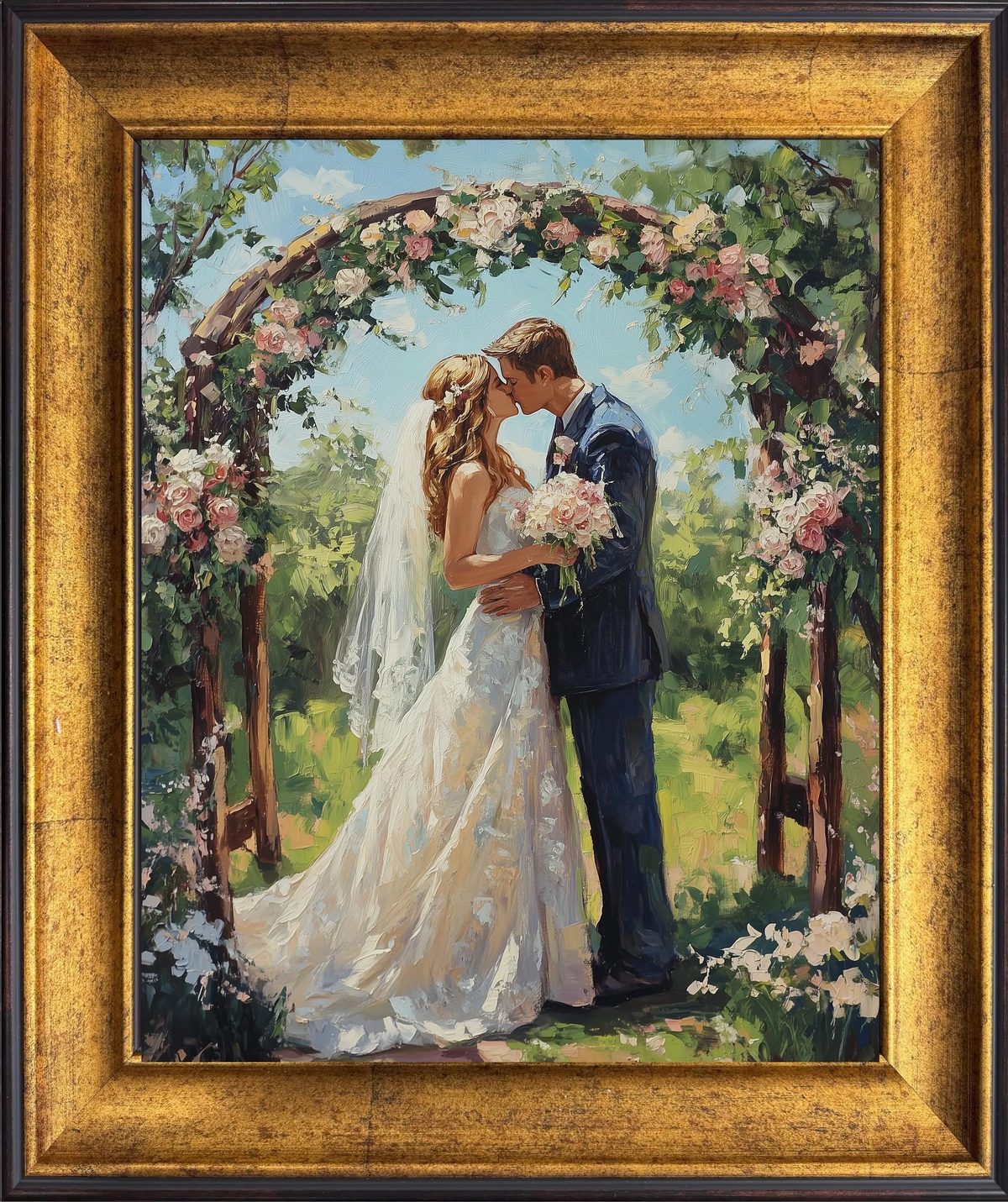 Custom hand-painted wedding oil portrait from a photo, featuring a bride and groom kissing beneath a floral wedding arch, finished in a classic gold frame.