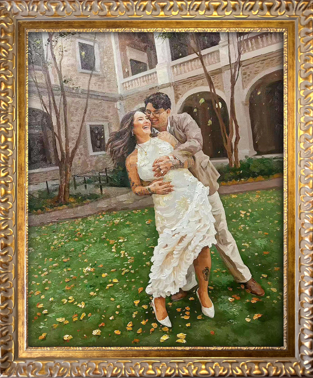 Hand-painted custom wedding portrait from photo featuring a joyful couple in a romantic dip pose. Museum-quality oil painting on canvas with expressive brushstrokes, elegant architecture background, personalized anniversary or wedding gift.