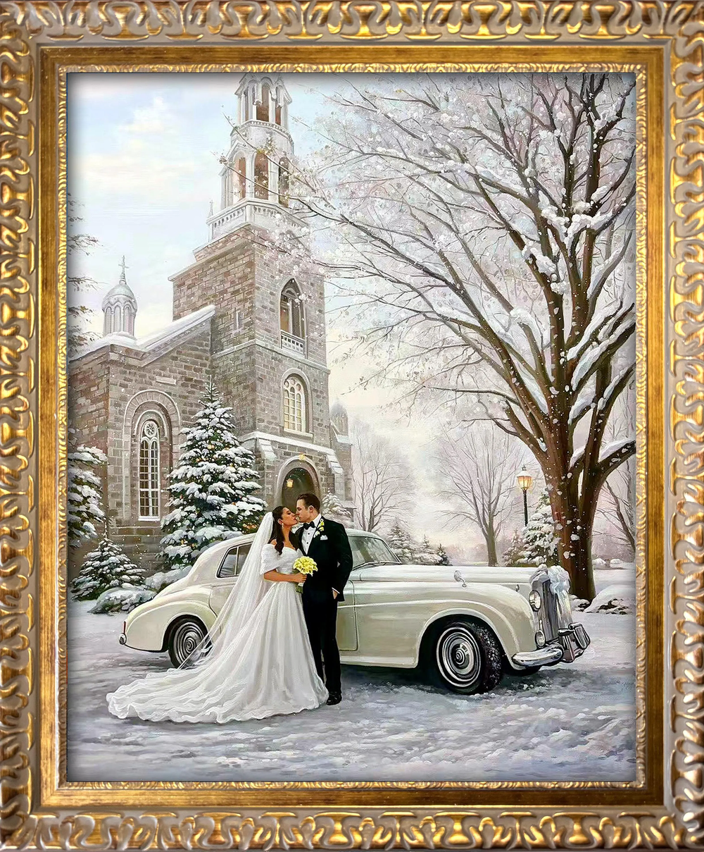 Custom hand-painted wedding oil portrait of a bride and groom beside a vintage car and stone church in a snowy winter scene, finished in an ornate gold frame.