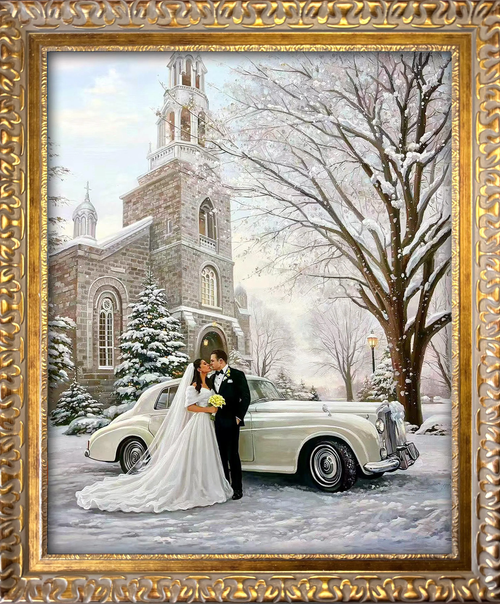 Custom hand-painted wedding oil portrait of a bride and groom beside a vintage car and stone church in a snowy winter scene, finished in an ornate gold frame.