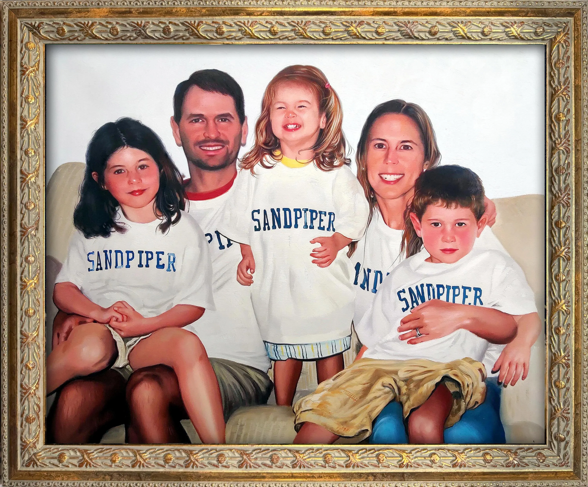 Custom hand-painted oil portrait of a family of five with two parents and three children wearing matching shirts, recreated from an indoor family photo.