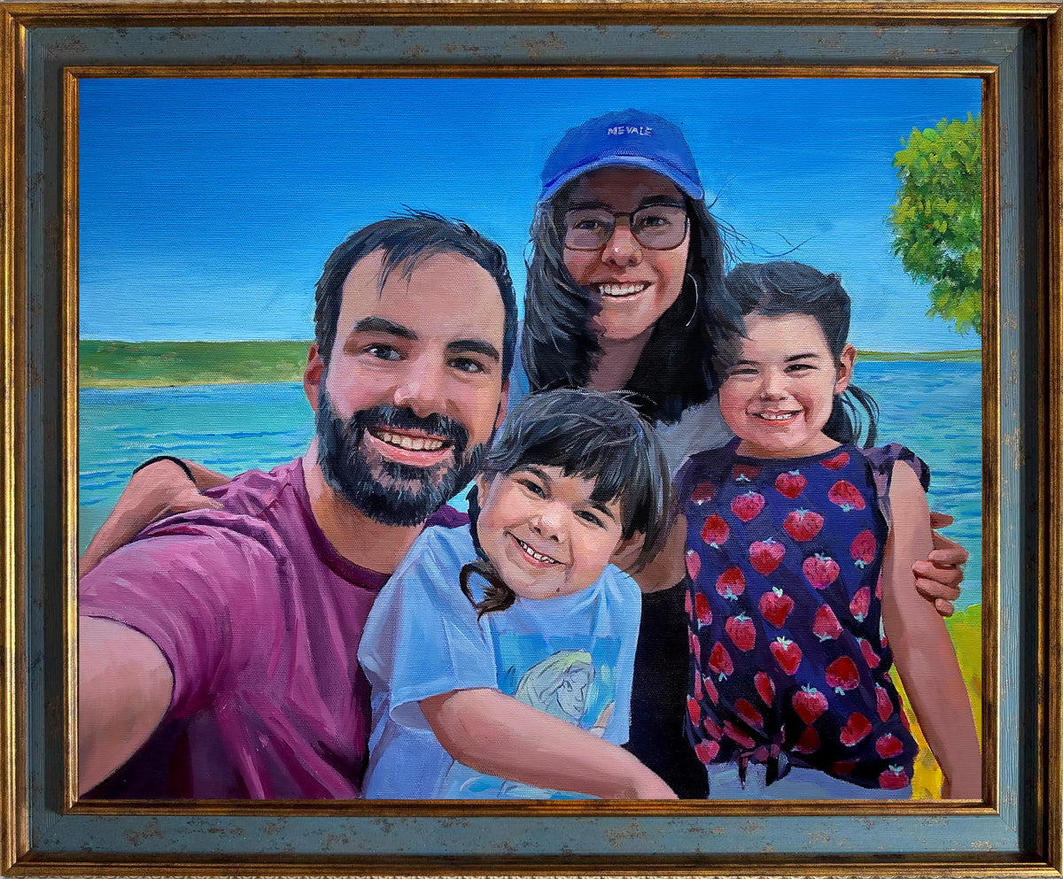 Custom hand-painted oil portrait of a smiling family with two parents and two children by a lake, recreated from a casual outdoor family photo.