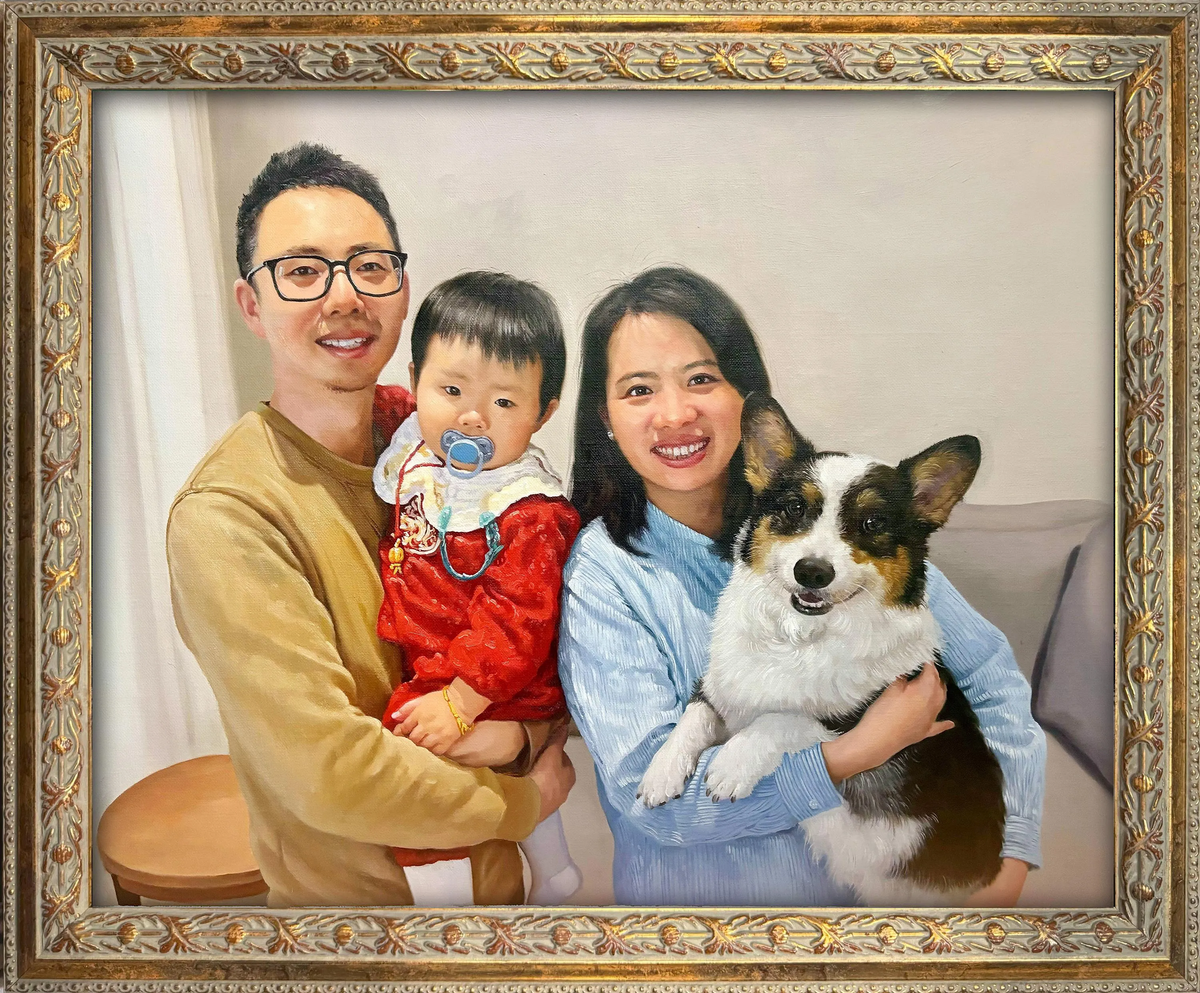 Custom hand-painted oil portrait of two parents with their baby and pet dog, recreated from a family photo as a warm personalized family keepsake.