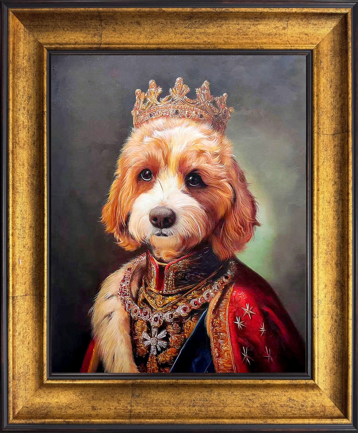 Framed custom oil portrait of a curly-haired dog wearing a crown and ornate royal costume, hand-painted on canvas and finished in a gold frame.