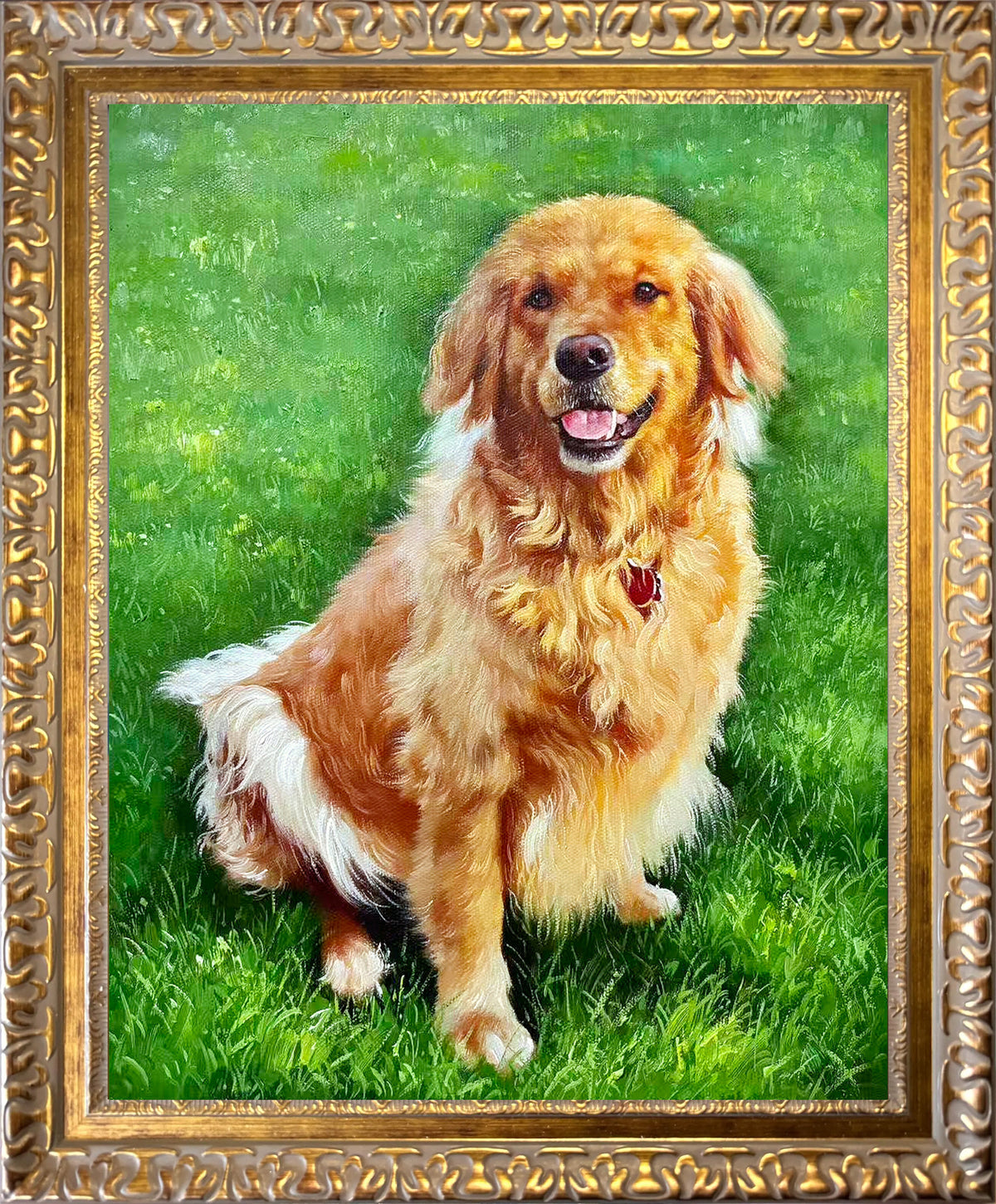 Custom hand-painted oil portrait of a golden-colored dog sitting on green grass, created in a realistic style and displayed in an ornate gold frame.