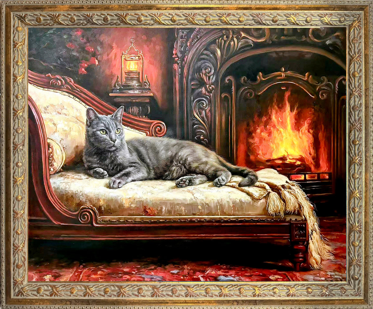 Custom hand-painted oil portrait of a gray cat relaxing on an elegant chaise beside a glowing fireplace in a richly decorated interior.
