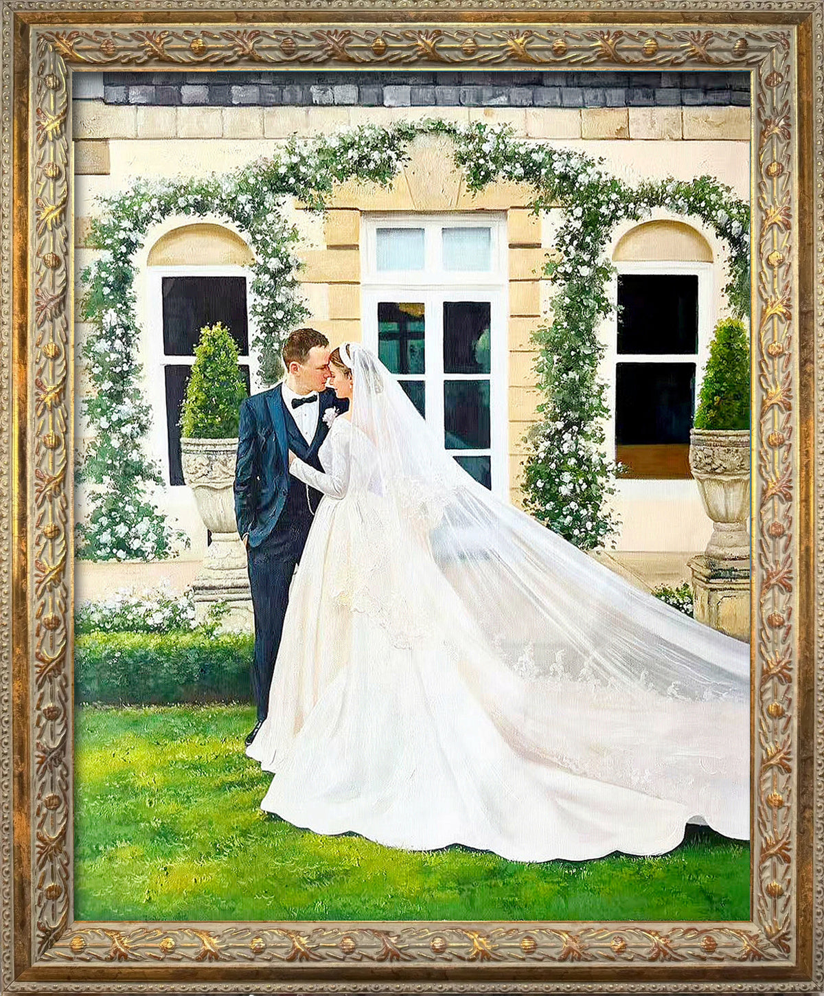 Custom hand-painted luxury wedding oil portrait from a photo, featuring a bride with a flowing veil and groom in an elegant garden estate setting, created as timeless heirloom art.