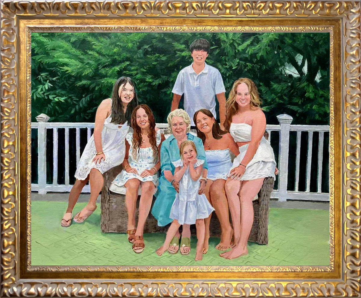 Custom hand-painted oil portrait of a multigenerational family with a grandmother surrounded by children and grandchildren, recreated from a family gathering photo.
