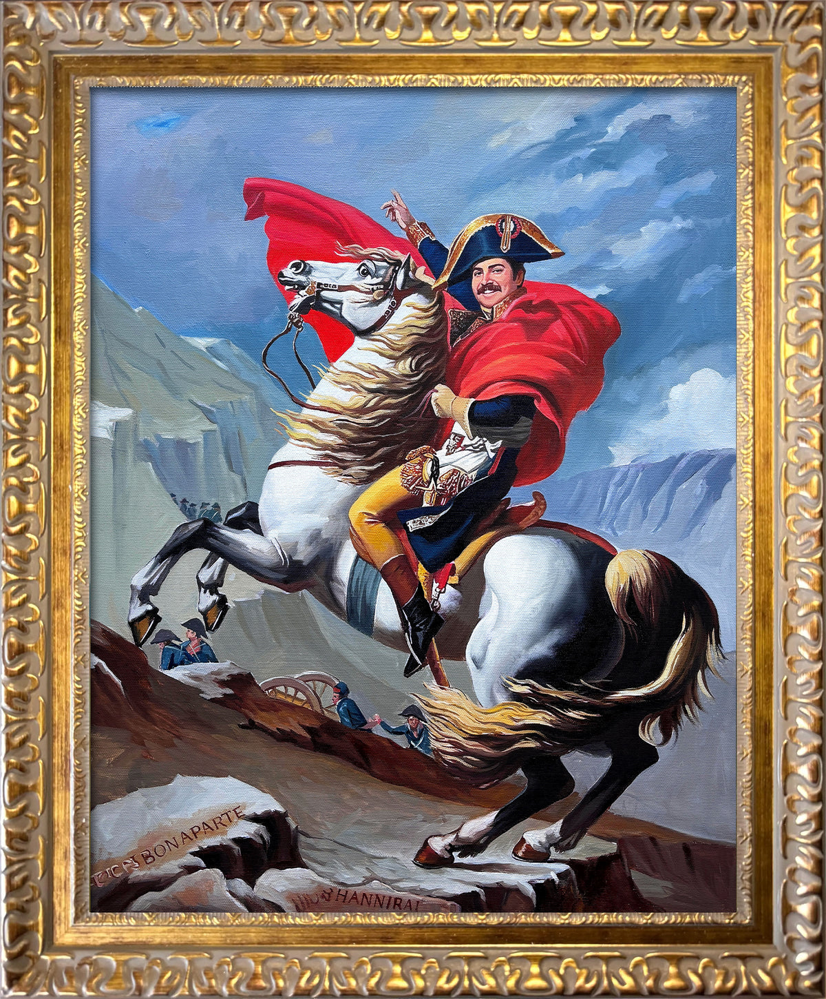 Custom hand-painted oil portrait of a military commander on a rearing white horse in a dramatic Napoleonic-style historical scene, recreated as a personalized classical portrait.