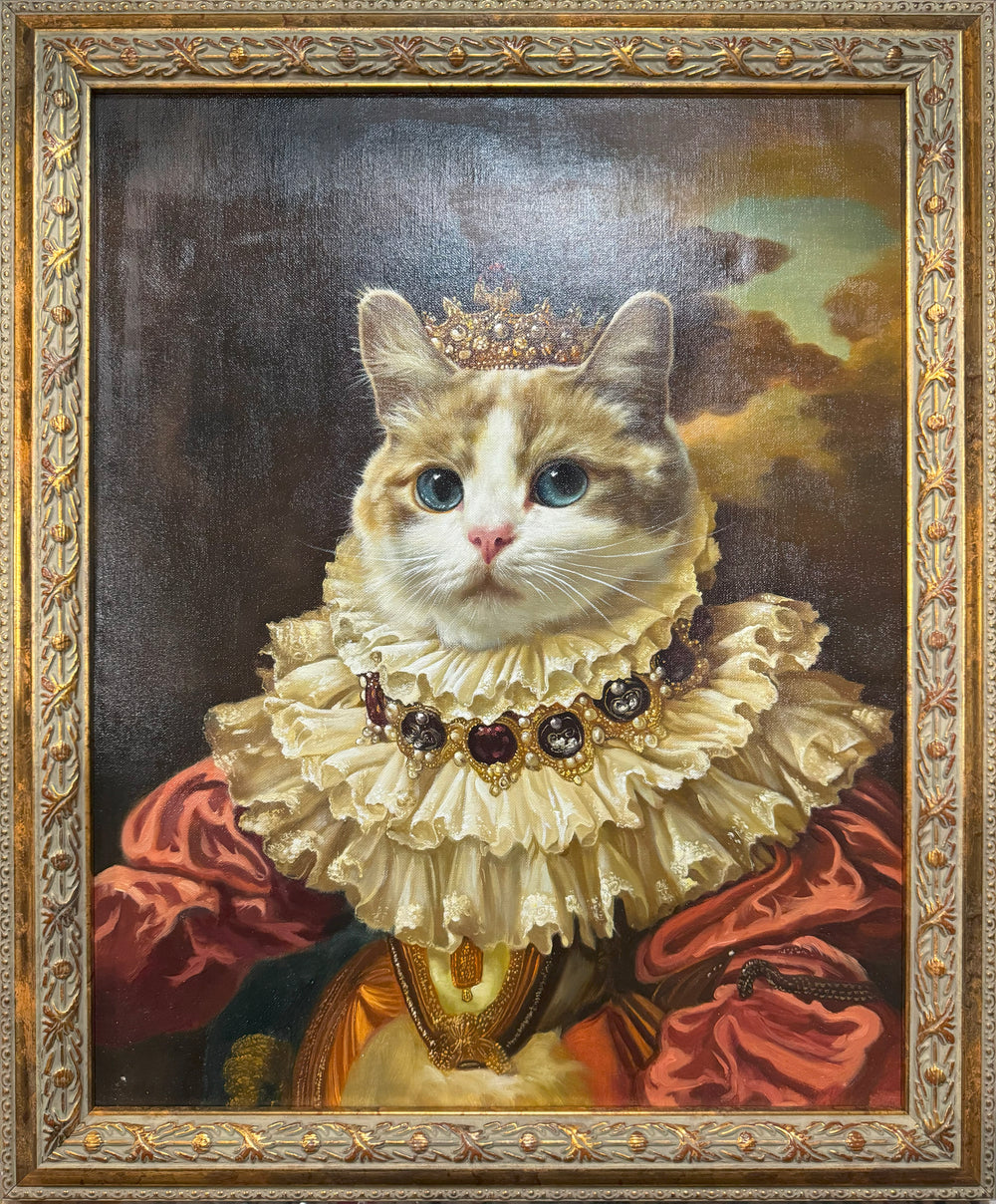 Royal Renaissance pet oil portrait of a ginger and white cat in a crown and lace ruff, baroque gold frame