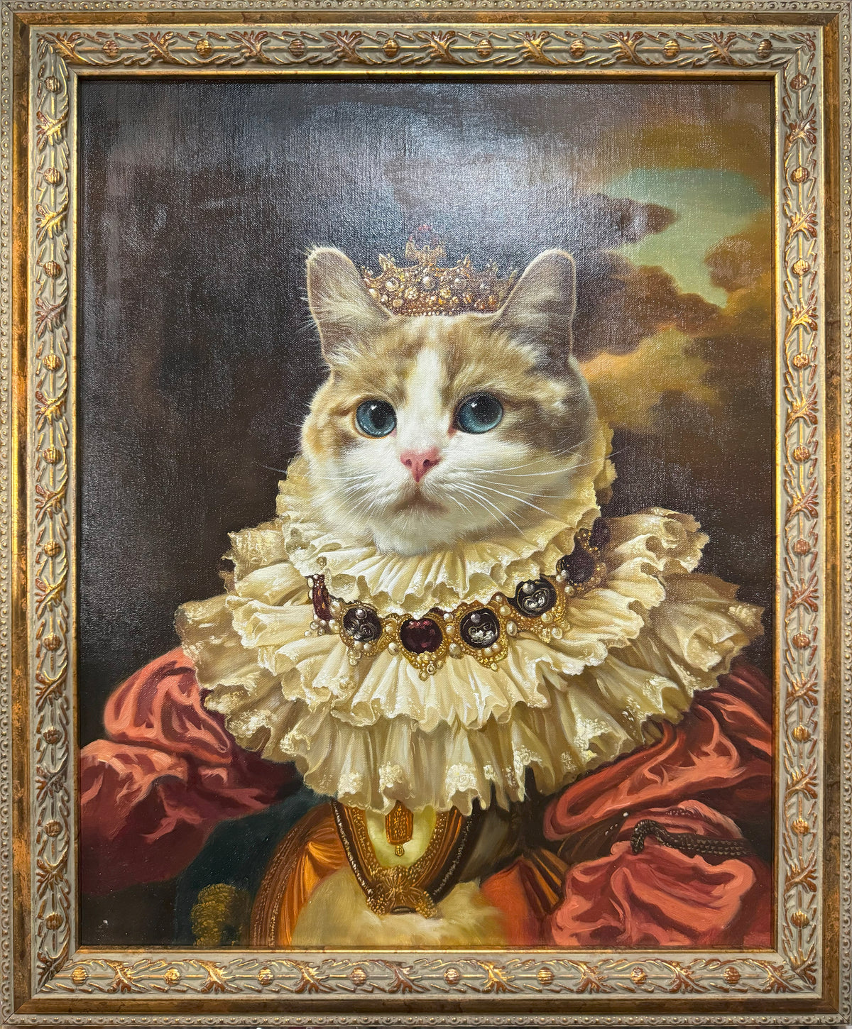 Royal Renaissance pet oil portrait of a ginger and white cat in a crown and lace ruff, baroque gold frame