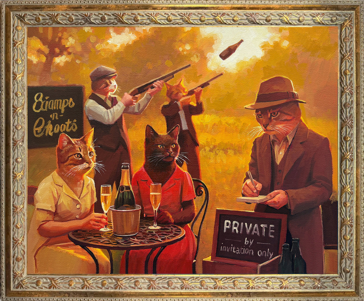 Custom hand-painted oil portrait of three cats in a whimsical vintage sporting club scene, dressed in human clothing with warm golden light.