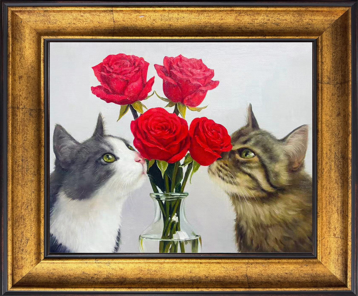 Custom hand-painted oil portrait of two cats beside a vase of red roses, creating a warm floral pet portrait displayed in a gold frame.