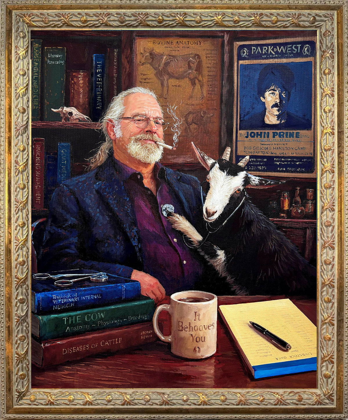 Custom hand-painted oil portrait of a veterinarian seated with a goat in a study filled with veterinary books, animal anatomy artwork, and personal details.