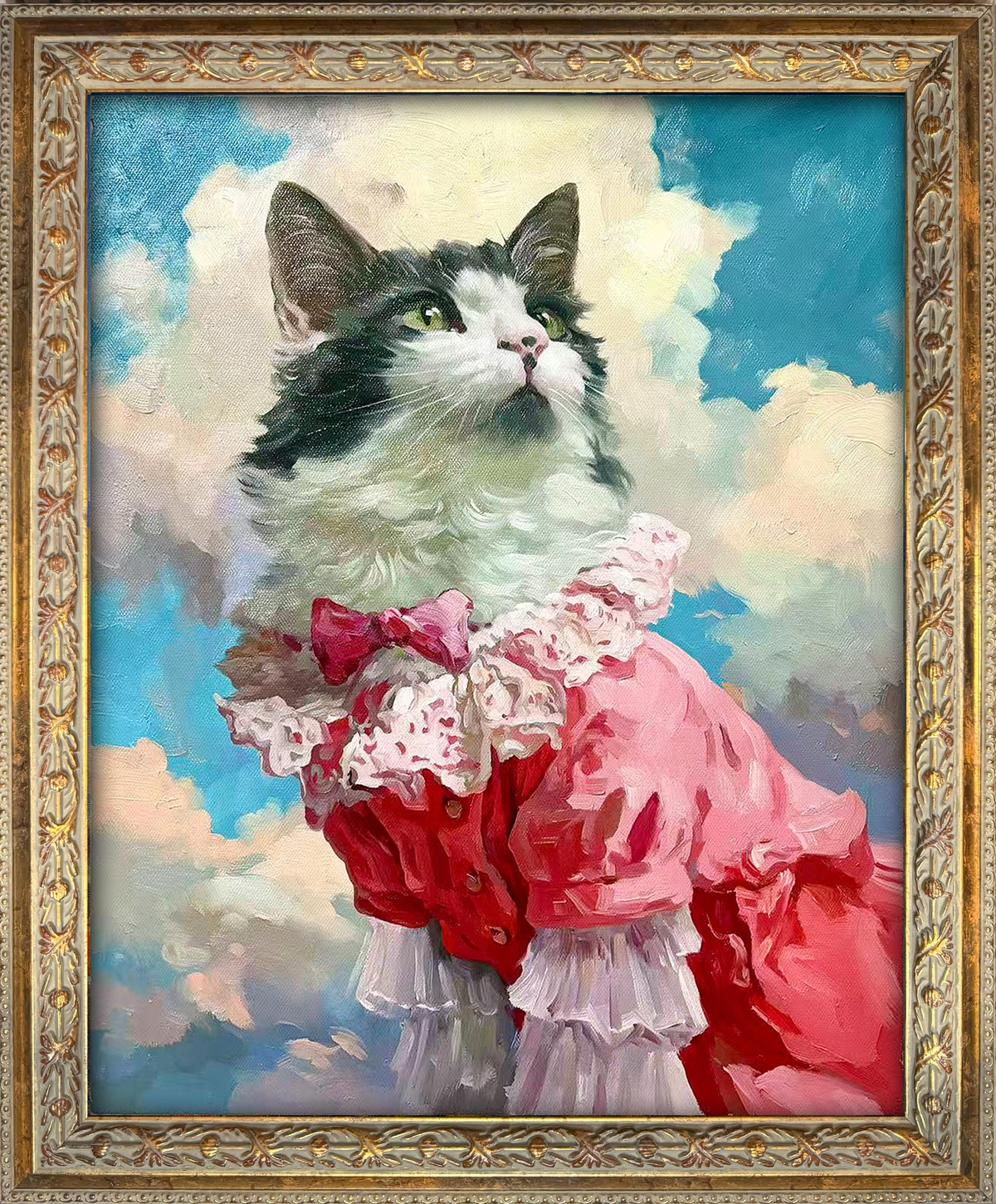 Custom hand-painted oil portrait of a black and white cat dressed in an elaborate pink Victorian-style gown, set against a dramatic blue sky with soft clouds.